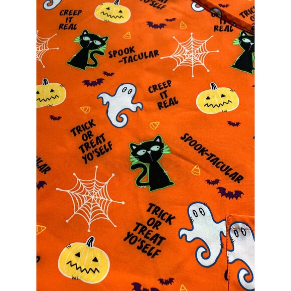 Halloween Spooky Scrub Top Medical Nursing Uniform Print Cats Ghosts Pumpkins - Picture 1 of 8